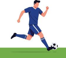 A male soccer player in motion kicking a ball on green grass in flat art vector