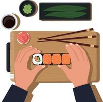 Hands preparing a sushi roll on a wooden board in a minimal illustration style vector