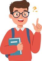 Young student with glasses smiling and holding a book in a flat illustration vector