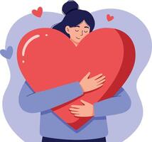 A woman embracing a large red heart in a flat and minimal style illustration vector