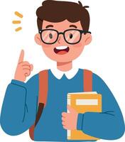 Cheerful student with glasses holding a book while raising an index finger in flat illustration vector