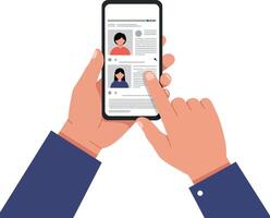 Hands holding a smartphone displaying user profiles in a flat illustration vector