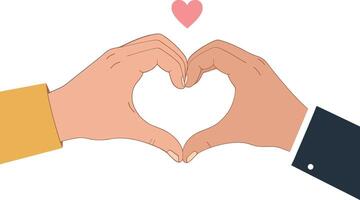 Two hands forming a heart shape with a pink heart above in flat art vector