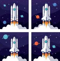 Rocket launching into space with colorful planets in a flat illustration vector
