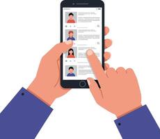 Hands holding a smartphone displaying profile listings in a flat design illustration vector