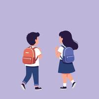 Two children with backpacks walking together in a flat, colorful style illustration vector