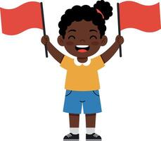 Happy child holding two red flags with joyful expression in flat illustration vector