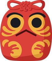 Red lucky charm bag with bold eyes and intricate patterns in flat art vector