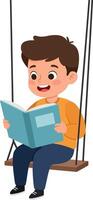 A cheerful boy reading a book while swinging on a wooden swing in a playful, minimal illustration vector