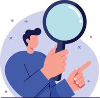 Person holding a large magnifying glass while pointing, flat illustration showcasing curiosity and investigation vector
