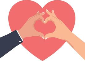 Hands forming a heart shape against a vibrant red background in flat art vector