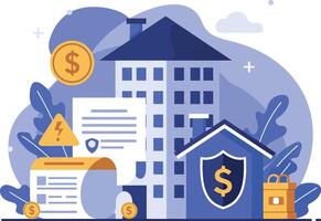 Insurance building with documents, coins, and a secure house in flat illustration vector