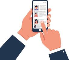 Hands holding a smartphone displaying user profiles in a flat design illustration vector
