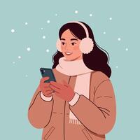 Young woman smiling while using smartphone in winter attire with fluffy earmuffs detailed illustration vector