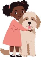 A young girl with curly hair joyfully hugging a fluffy dog in a minimal style illustration vector