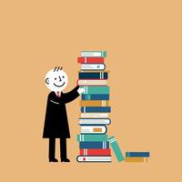 A cheerful man in a suit stacking colorful books in a minimal flat design illustration vector