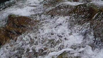 Closeup rapid fresh water flowing from cascade range through the rocks under sunlight. Splashing water. video