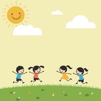Four happy children running joyfully in a sunny field, flat illustration vector