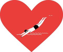 A swimmer diving into water surrounded by a large red heart in flat art vector
