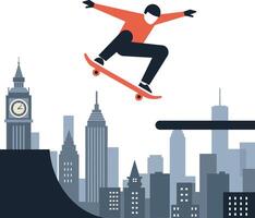 Skateboarder performing a jump over a city skyline in flat art vector