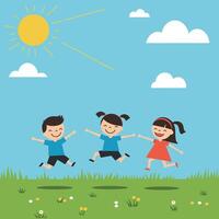 Three joyful children playing and jumping in a sunny park, flat illustration vector