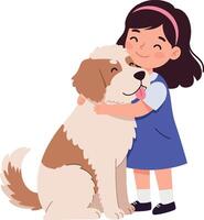 A joyful girl hugging her friendly dog in a flat, cheerful design illustration vector