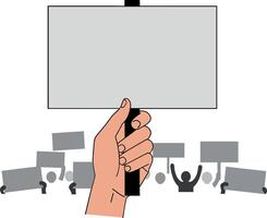 Hand holding a blank protest sign in a crowd of supporters in minimal illustration vector
