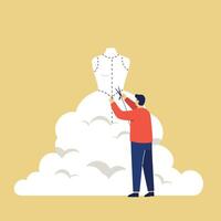 Tailor working on a dress form surrounded by fluffy clouds in minimal art vector