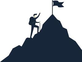 Climber reaching the peak of a mountain with a flag in minimal illustration vector