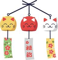 Three smiling cat wind chimes in flat design style showcasing vibrant colors and floral patterns art vector