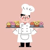 Cheerful baker holding colorful cupcakes on trays in a minimal, flat illustration vector