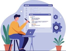 A man coding at a desk with plants in a modern workspace in flat art vector