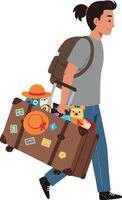 Young traveler carrying a large suitcase with stickers and toys in a minimalist design illustration vector