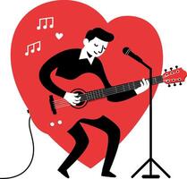 A man passionately playing guitar in front of a large heart symbol, flat art vector