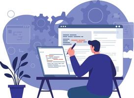 A man working intently at his desk with multiple screens in a modern flat illustration vector