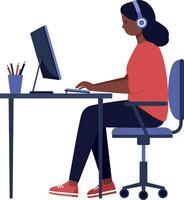 Young woman working at a desk with a computer in a flat design illustration vector