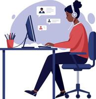 A woman working at a desk with a computer, wearing headphones, in a flat illustration vector