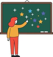 Woman in orange sweater pointing at colorful stars on chalkboard, flat design art vector