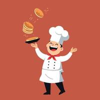 Happy chef in white uniform joyfully flipping pancakes in minimal art vector