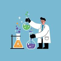 Scientist in a white lab coat conducting experiments with colorful potions in a flat illustration vector