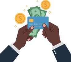 Hands holding cash and a credit card in a flat, modern illustration depicting financial transactions and wealth management vector