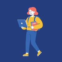 A cheerful student carrying a laptop and books while walking in a flat illustration vector