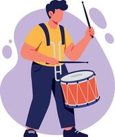 Young male drummer in yellow shirt playing a snare drum with energy in flat illustration vector