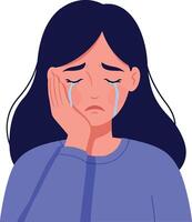 Sad woman with tears streaming down her face in flat illustration style conveying deep emotion and vulnerability in a minimalist design art vector