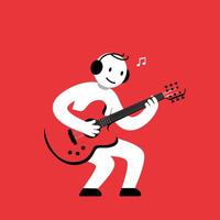 A joyful character playing a red guitar in a flat, minimal style illustration vector