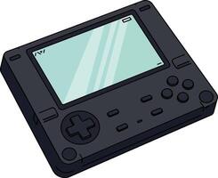Black handheld gaming console in flat design with simple controls and a clear screen in illustration vector