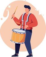 A young man energetically playing a yellow drum in flat art style with a vibrant background vector