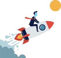 Businessman in a suit joyfully riding a rocket in a flat illustration vector