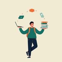 Student balancing books and laptop while juggling messages in a cheerful flat illustration vector