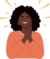 Happy woman with curly hair smiling and clapping hands in minimal art vector